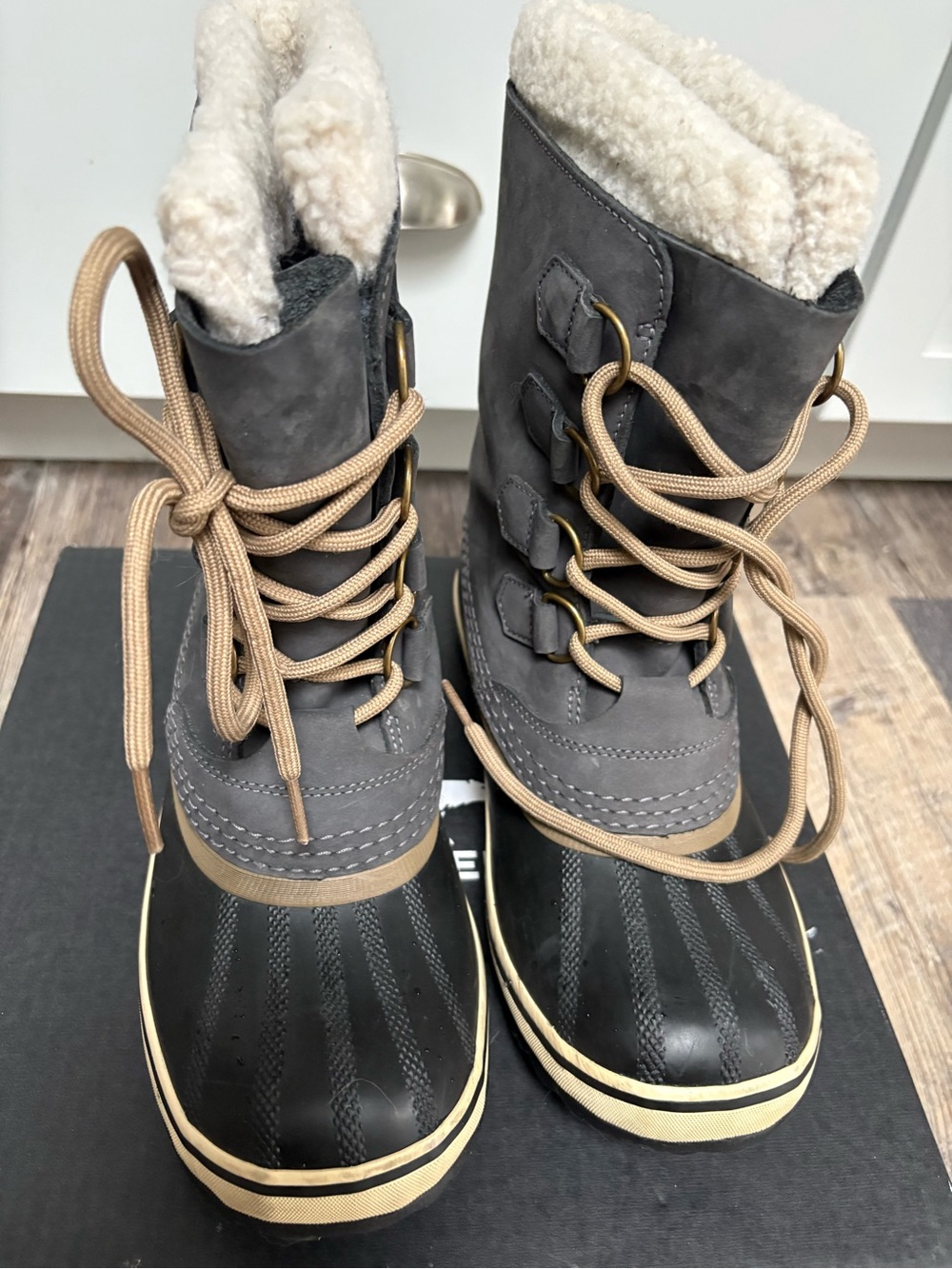 Sorel Gray and Tan Lace-Up Waterproof Winter Boots with Sherpa Collar